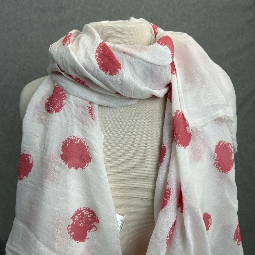 Boutique Scarf White Pink Polka Dot Gauze Frayed Edge Preppy Girly SpringNWT